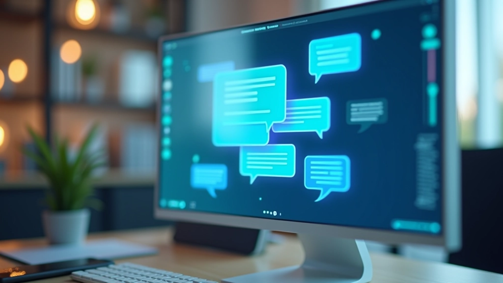 Schermo di computer mostra interfaccia di chatbot con conversazione tra utente e bot, design moderno e pulito