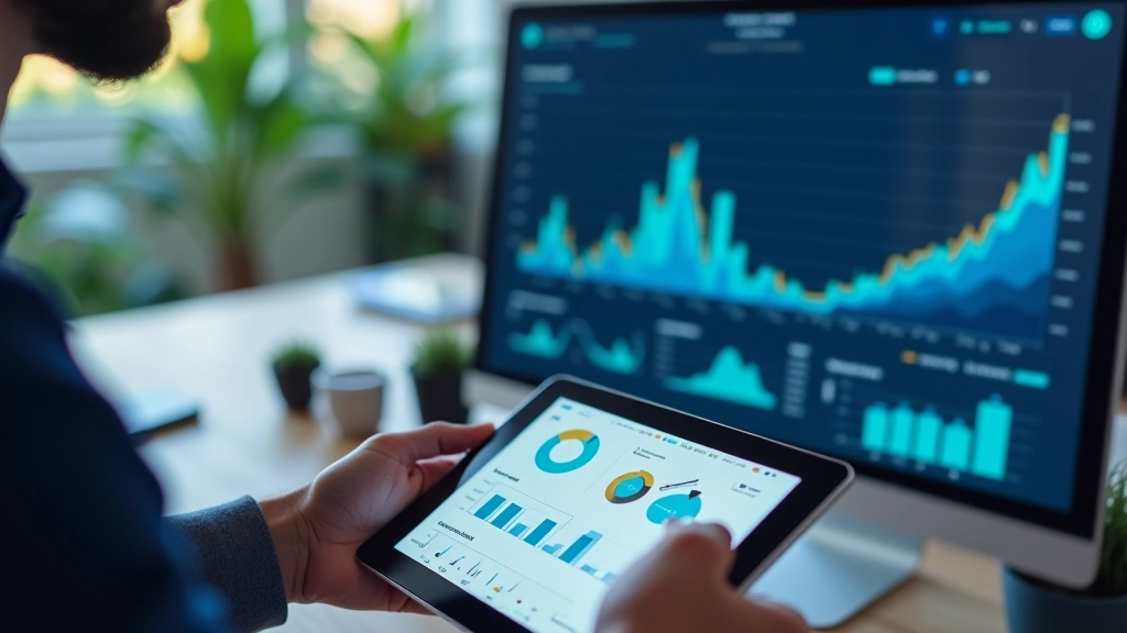 Schermo di computer con dashboard di analisi e grafici, persona che studia i dati, ambiente di lavoro tecnico illuminato, primo piano dei dati