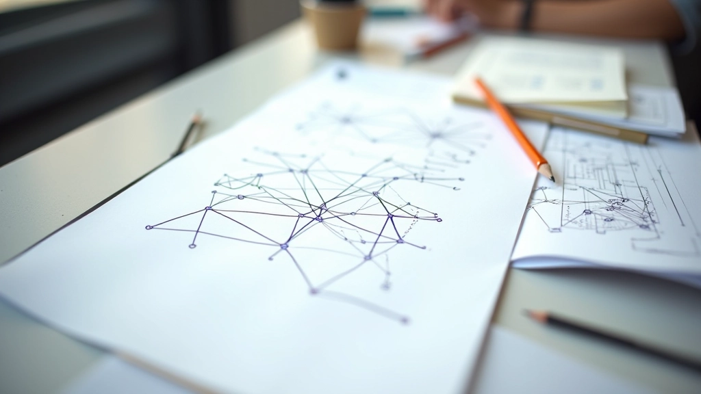 Foglio con schema di rete neurale disegnato a mano, nodi e connessioni tracciate con matita, tavolo di lavoro con altri documenti