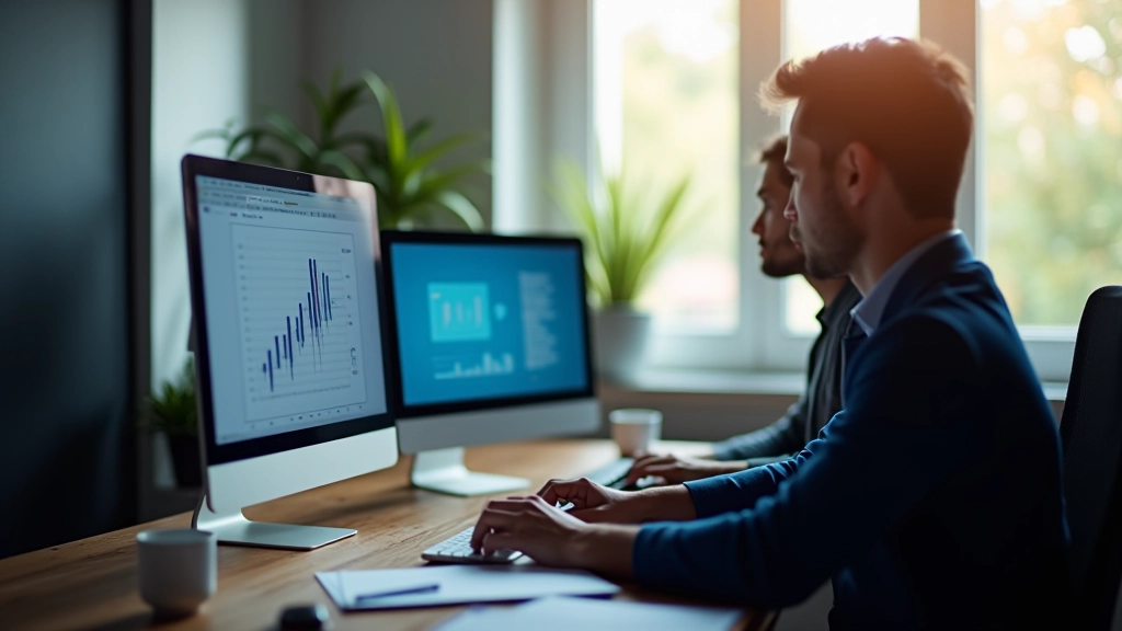 Ufficio moderno con due professionisti che esaminano dati su schermi di computer, tavolo di lavoro con notebook e caffè, illuminazione naturale
