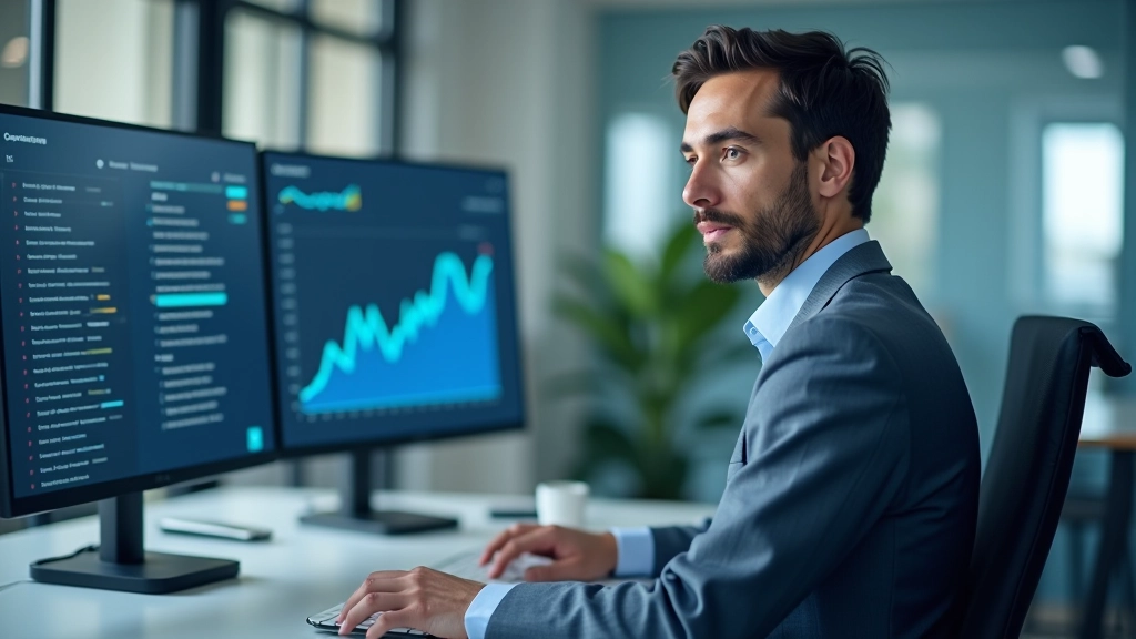 Persona seduta a una scrivania con più monitor, uno mostra grafici e dati, ambiente di lavoro moderno con illuminazione naturale