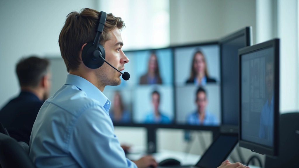 Persona con auricolare in videochiamata, schermo di sfondo mostra volti di altri partecipanti, ambiente luminoso e professionale