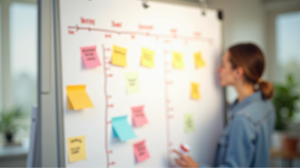 Timeline progettuale su whiteboard con sticky note, matita, calendario accanto, desk di pianificazione