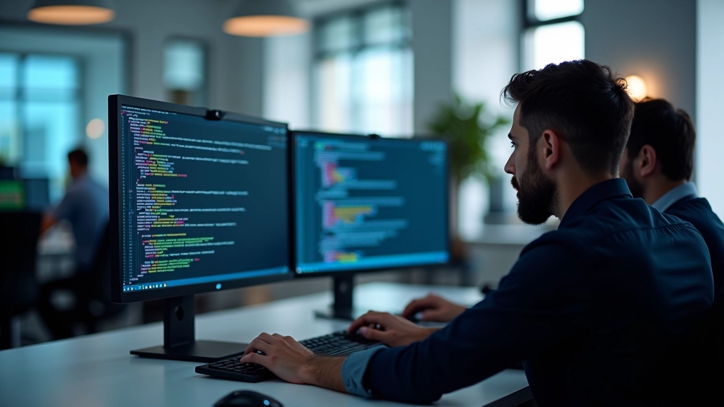 Team di sviluppatori che lavora su soluzioni NLP, ufficio moderno con monitor multipli