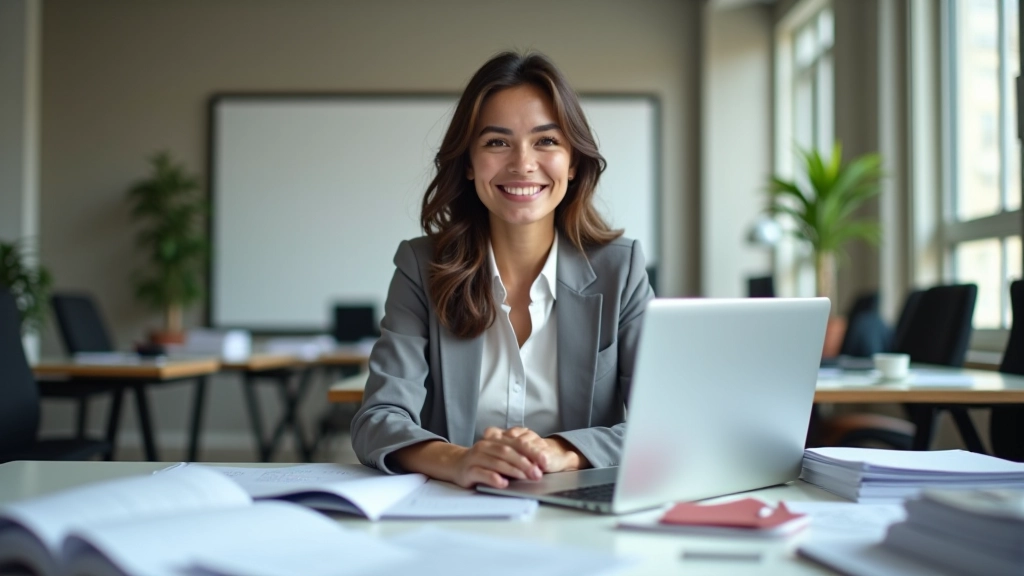 Professionista al computer con pila di documenti cartacei accanto, scrivania disordinata ma organizzata, ufficio moderno, luce naturale da finestra