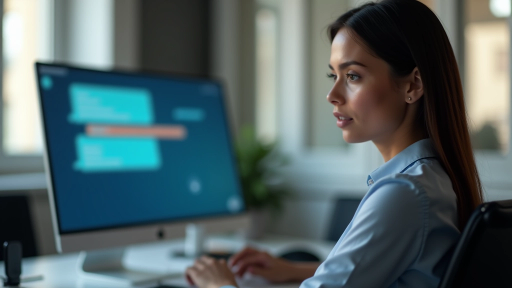 Professionista che utilizza interfaccia di chatbot intelligente su schermo, ufficio moderno Roma EUR, illuminazione naturale